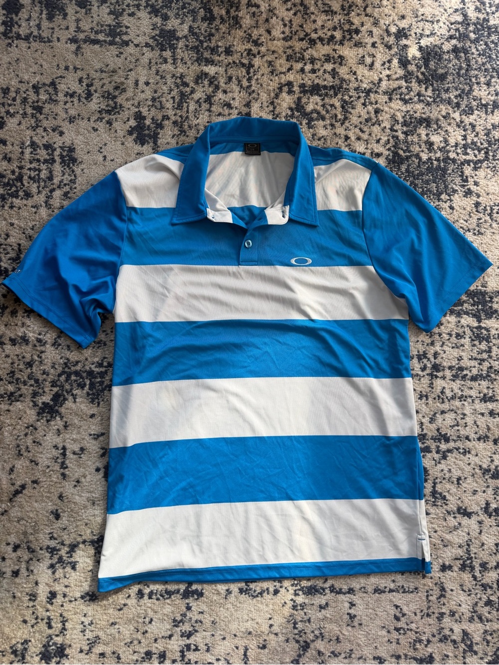 Oakley Men’s Blue and White Wide-Stripe Polo